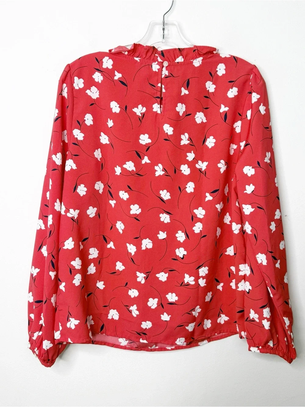 J. CREW | Red and White Floral Print Ruffle Detail Blouse Top Sz. Medium Preppy